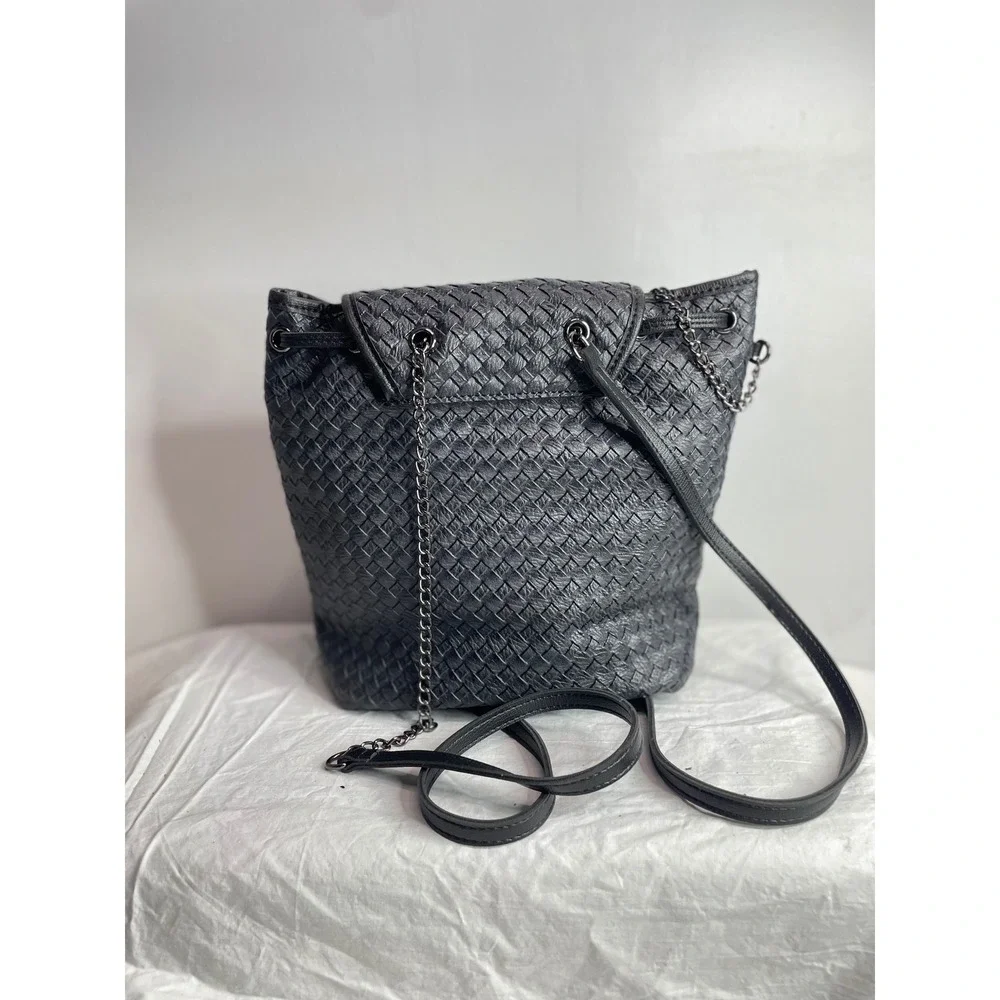 Lucky Bees Woven Faux Leather Drawstring Backpack Black Bee Logo Casual vean